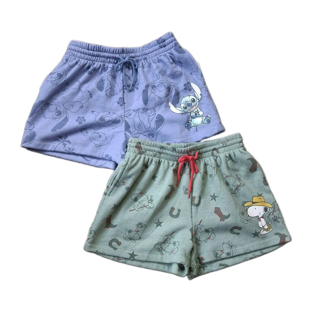 Disney Stitch & Peanuts Snoopy Lounge Shorts Set XS Soft Fleece Sleep Beach NWT